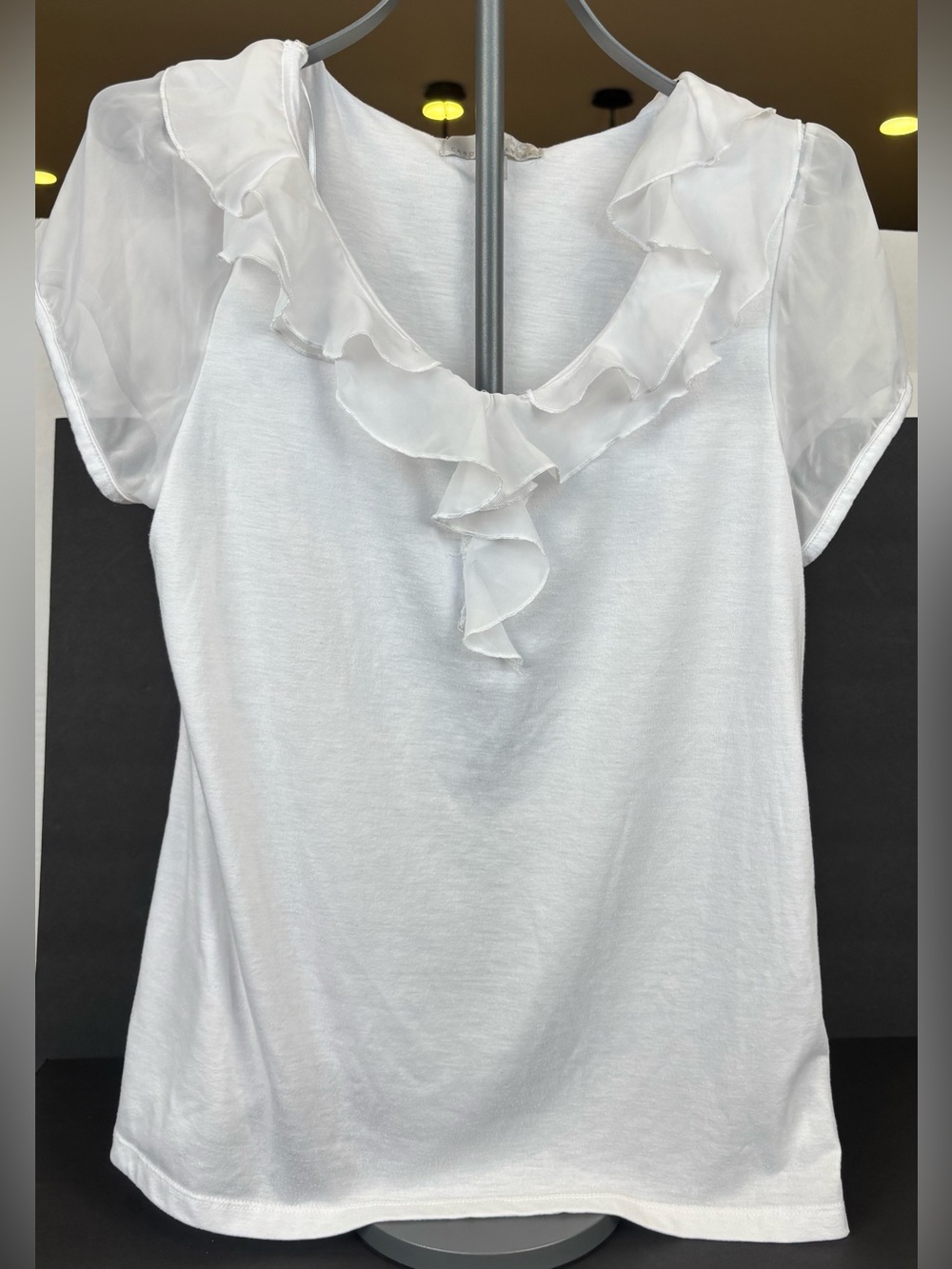 Carolyn Taylor White Ruffle V-Neck Blouse Sz L Sheer Chiffon Trim